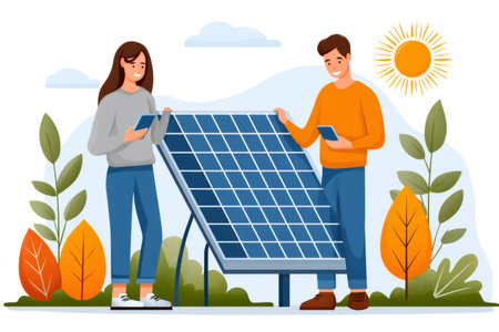 Engineers using smartphones are installing and monitoring a solar panel for renewable energy productionの素材