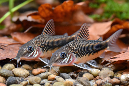 Two corydoras sterbai catfish are swimming over small river pebbles and dead leavesの素材