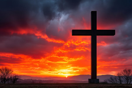 Christian cross standing on a hilltop during a beautiful and dramatic sunsetの素材