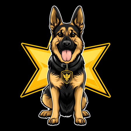 Current german shepherd police dog sitting in front of gold star, wearing badge with eagle emblemの素材
