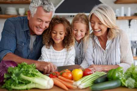 Happy family preparing a healthy meal with fresh vegetables and a tablet in the kitchenの素材