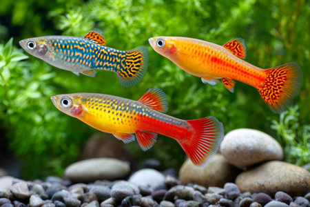 Three killifish of different colors are swimming in a fish tank with green plants and rocksの素材