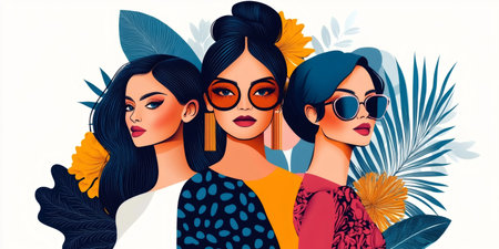 Three fashionable women with sunglasses are posing in front of colorful tropical leavesの素材