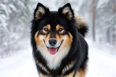 Finnish lapphund dog standing in snowy forest during winterの素材