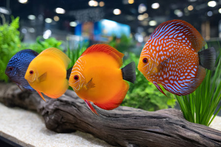 Three discus fish of different colors swimming in a planted aquariumの素材