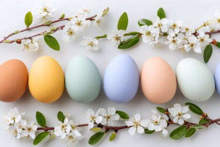 Pastel colored easter eggs are arranged in a row and framed with delicate spring flowers on a white background, creating a beautiful festive sceneの素材