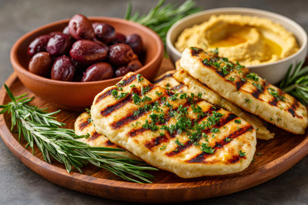 Delicious grilled halloumi with hummus, kalamata olives and rosemary, embodying the flavors of the Mediterranean cuisineの素材