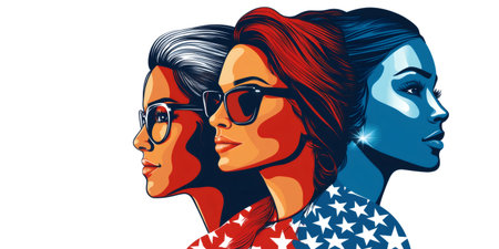 Three women wearing American flag themed clothing, symbolizing patriotism, diversity, and female empowermentの素材