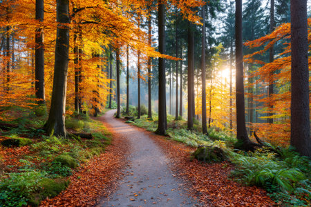 Golden sunlight filters through colorful trees along a winding path in a tranquil autumn forestの素材