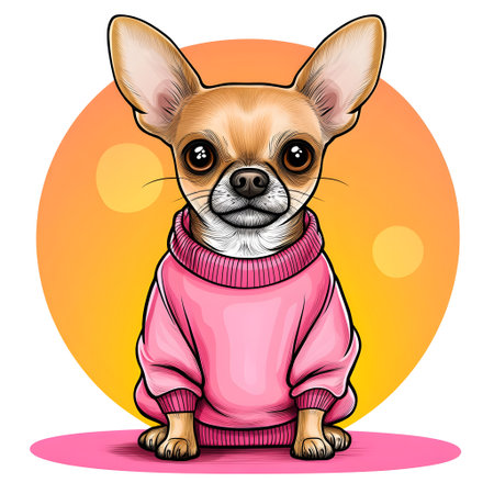 Small chihuahua dog wearing a pink sweater posing on a colorful orange and pink backgroundの素材