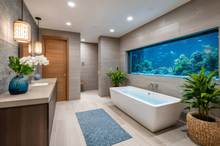 Luxurious bathroom with soaking tub, large aquarium, and natural light creating a relaxing atmosphereの素材
