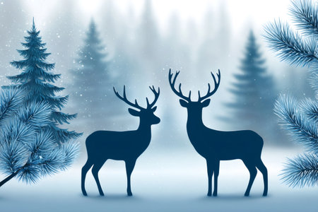 Silhouettes of two deer standing in a snowy forest with pine trees and falling snow, creating a serene winter wonderland sceneの素材