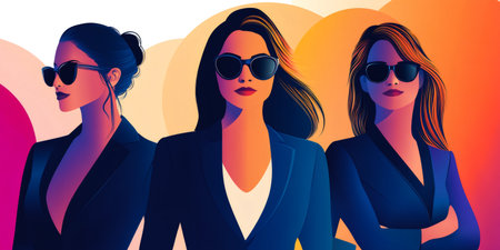 Three businesswomen wearing sunglasses and formal jackets are posing in a colorful abstract backgroundの素材