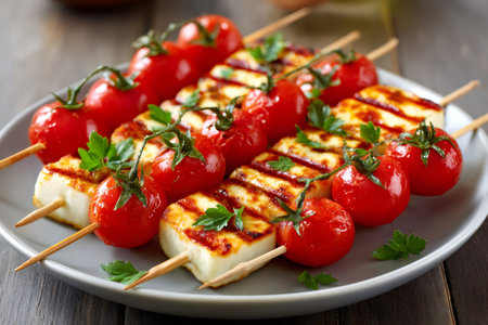 Delicious grilled halloumi cheese and cherry tomatoes skewers seasoned with fresh parsley on a gray plateの素材