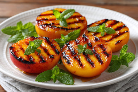 Grilled peach halves are garnished with fresh mint leaves and served on a white plateの素材