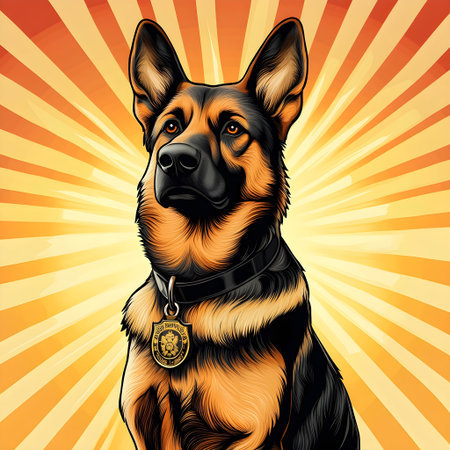 Current german shepherd police dog wearing a badge, against an orange starburst backgroundの素材