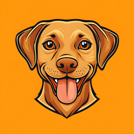 Head of a cheerful golden labrador retriever with open mouth and tongue out, panting and smiling, on an orange backgroundの素材