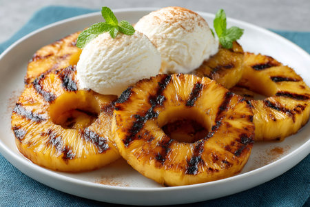 Grilled pineapple slices are served with vanilla ice cream, cinnamon, and mint for a refreshing summer dessertの素材