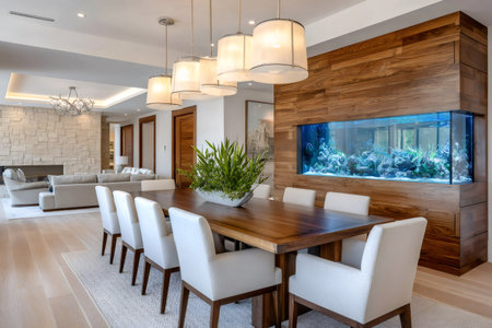 Luxurious open plan dining room featuring a large built in aquarium, a long wooden table, and stylish hanging lampsの素材