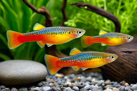Three colorful neon dwarf rainbowfish are swimming in a freshwater aquariumの素材