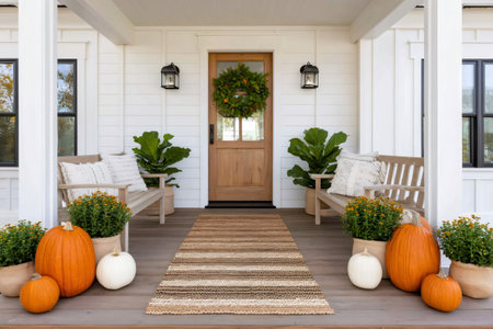 Inviting farmhouse porch showcasing autumn decorations, including pumpkins, fall flowers, and a welcoming wreathの素材
