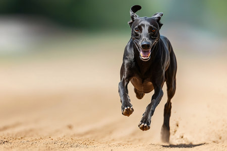 Greyhound running at full speed on a sand track, displaying its athleticism and graceの素材