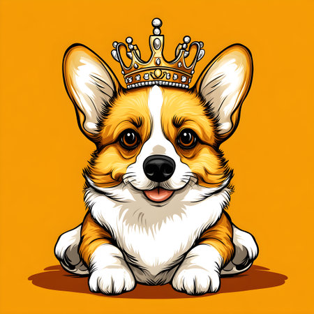 Corgi dog wearing golden crown, a majestic pet portrait exuding charm and royalty, on an orange backgroundの素材
