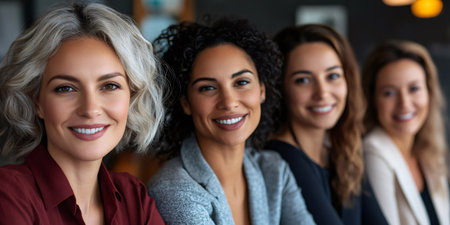 Four diverse businesswomen smiling together, representing teamwork and female leadership in a professional settingの素材