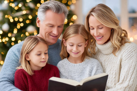 Happy family reading a book together in front of christmas tree, enjoying christmas eveの素材