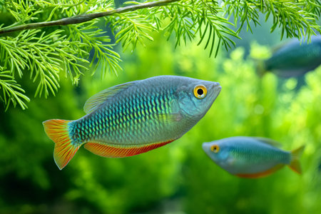 Colorful rainbow fish swimming near green aquatic plants in a freshwater aquariumの素材