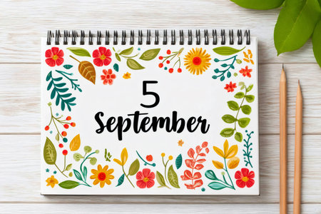 Notebook page showing the date September 5th, decorated with colorful floral designs, pencils beside it, evoking planning and organizationの素材