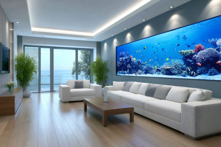 Luxurious interior design featuring a large built-in aquarium, white sofa, wooden furniture, and ocean viewの素材