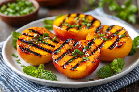 Grilled peach halves are served on a plate, garnished with fresh mint and chivesの素材