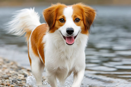 Happy kooikerhondje running on the beach, enjoying a sunny dayの素材