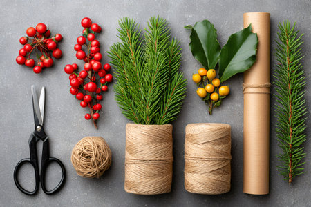 Christmas decoration DIY kit including twine, wrapping paper, scissors, berries and fir branches, ready for creative projectsの素材