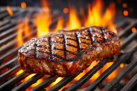 Delicious grilled beef steak cooking on a hot grill with flamesの素材