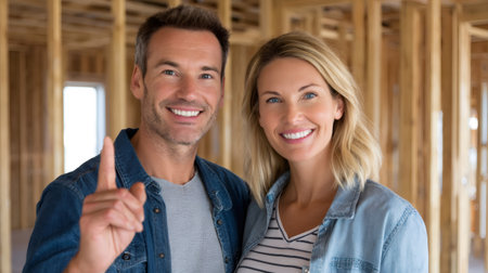 Couple smiling and gesturing inside their new house frame during constructionの素材