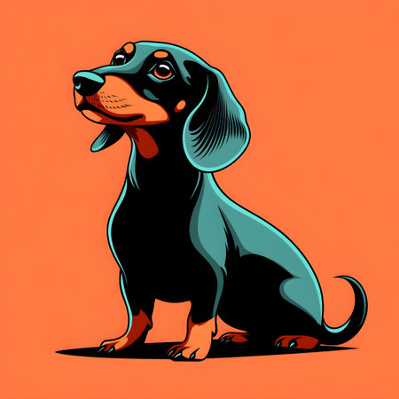 Colorful illustration of a curious dachshund puppy sitting and looking upの素材