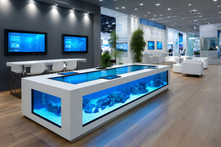 Modern office space featuring large illuminated aquarium, interactive displays, and comfortable seating areaの素材