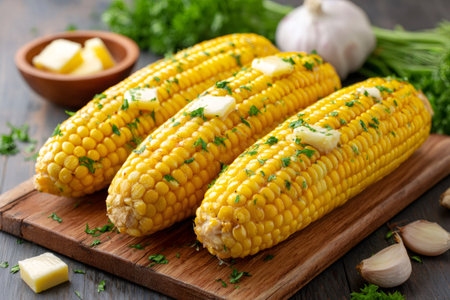 Delicious grilled corn on the cob topped with melting butter and fresh parsley, creating a mouthwatering summer treatの素材