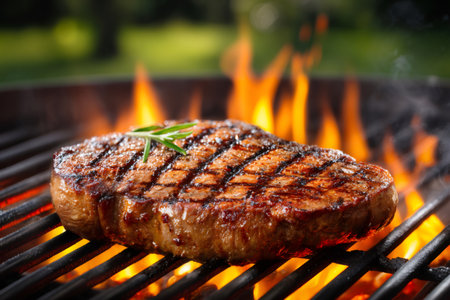 Juicy beef steak grilling on a barbecue grill over flames with a sprig of rosemary on topの素材
