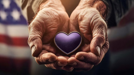 Senior veteran holding a purple heart medal with american flag in background, demonstrating love for countryの素材