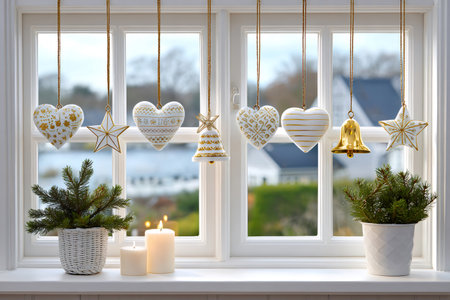 White and gold Christmas ornaments hanging on a window with candles and plants, creating a cozy atmosphereの素材