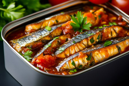 Delicious sardines in tomato sauce seasoned with parsley, ready to be enjoyed as a healthy and flavorful mealの素材