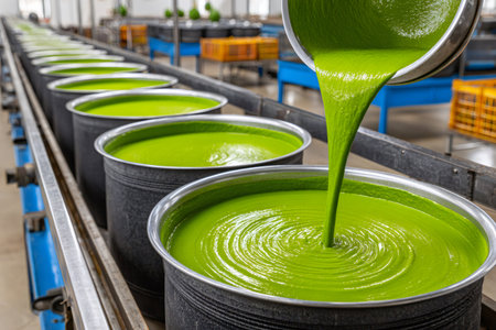 Green olive paste pouring into buckets on a production line in a food processing factoryの素材