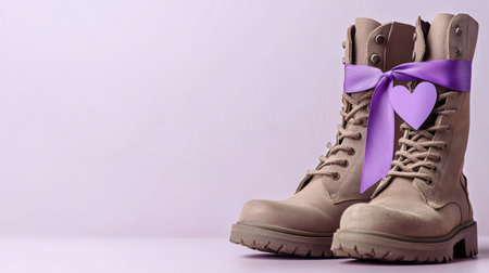 Beige combat boots tied with purple ribbon and heart shaped valentine card on plain pastel backgroundの素材