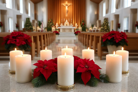 Lit candles and poinsettias create a festive atmosphere in the church during the Christmas seasonの素材