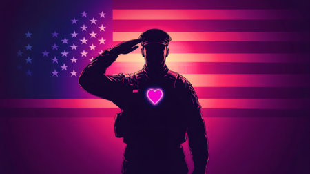 Patriotic illustration of an American soldier saluting with a glowing heart on his chestの素材
