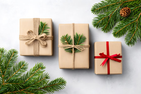 Christmas presents wrapped in brown paper, tied with twine and decorated with fir branches, creating a festive holiday sceneの素材
