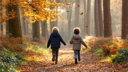 Two children running down a forest path covered with fallen leaves in autumnの素材
